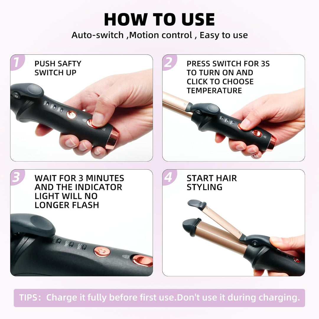 Mini Lockenstab, Schnurloser Tragbare Reise Lockenwickler USB Aufladen mit 3 Ainstellbaren Temperatu