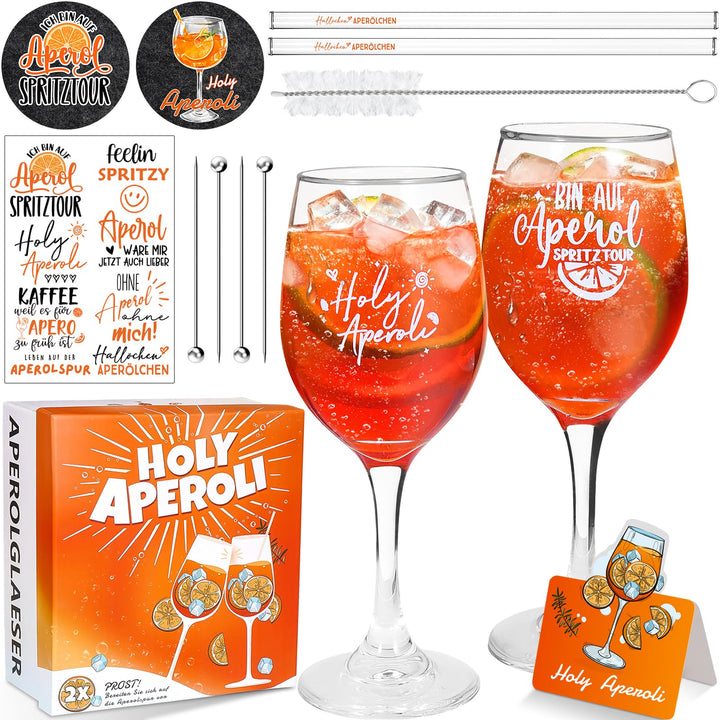2er Set Apero Geschenkset - AperoGläser mit Gravur | Glasstrohhalme | untersetzer, CocktailGläser, A