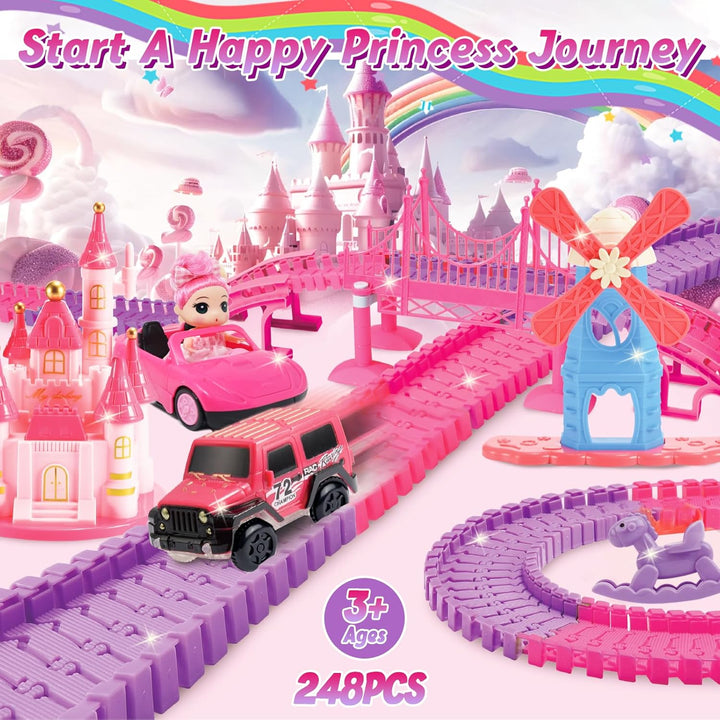 ROCKY&CHAO Autorennbahn Rennbahn Kinderspielzeug 248 Stück mit Puppe, Flexible Track Spiele Spielzeu