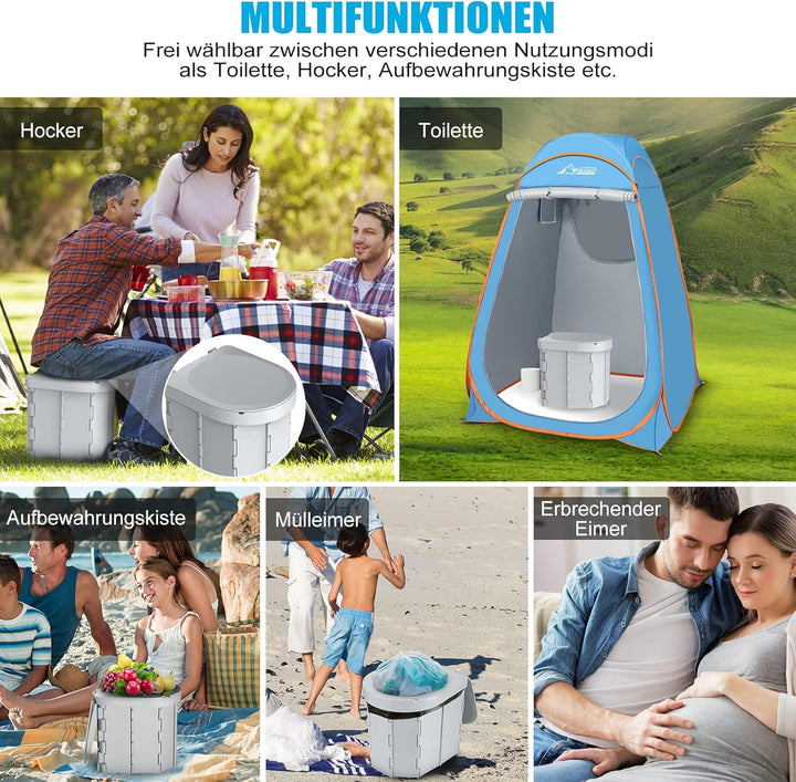 WADEO Tragbare Campingtoilette mit Deckel, 30 cm hohe Mobile Toilette mit 12 Stück Toilettenbeutel,