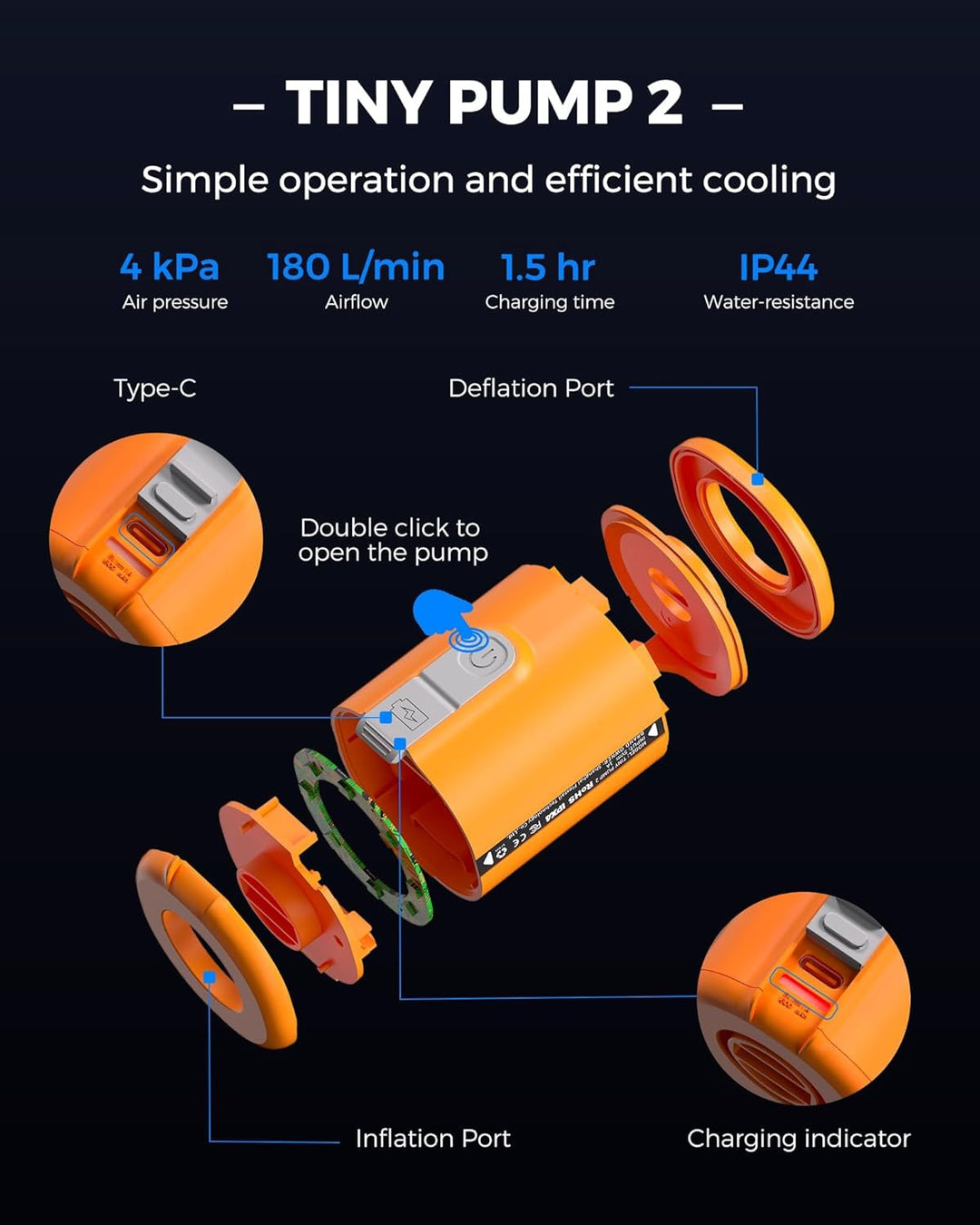 FLEXTAILGEAR Tiny PUMP2 X, Elektrische Luftpumpe mit 1300mAh Akku, Tragbare Kompakte Mini Pumpe USB