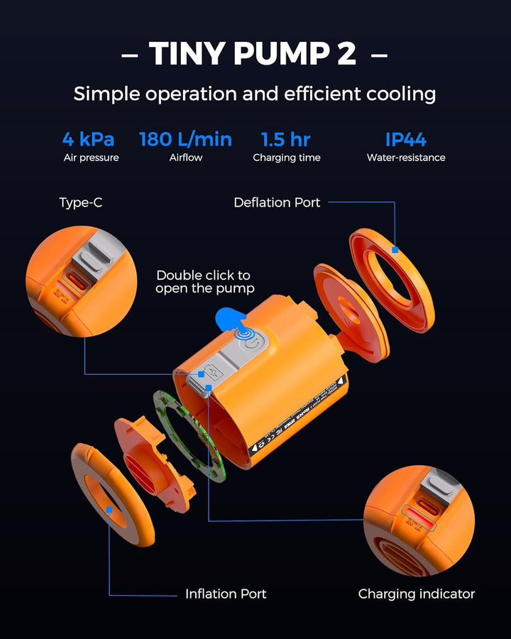 FLEXTAILGEAR Tiny PUMP2 X, Elektrische Luftpumpe mit 1300mAh Akku, Tragbare Kompakte Mini Pumpe USB