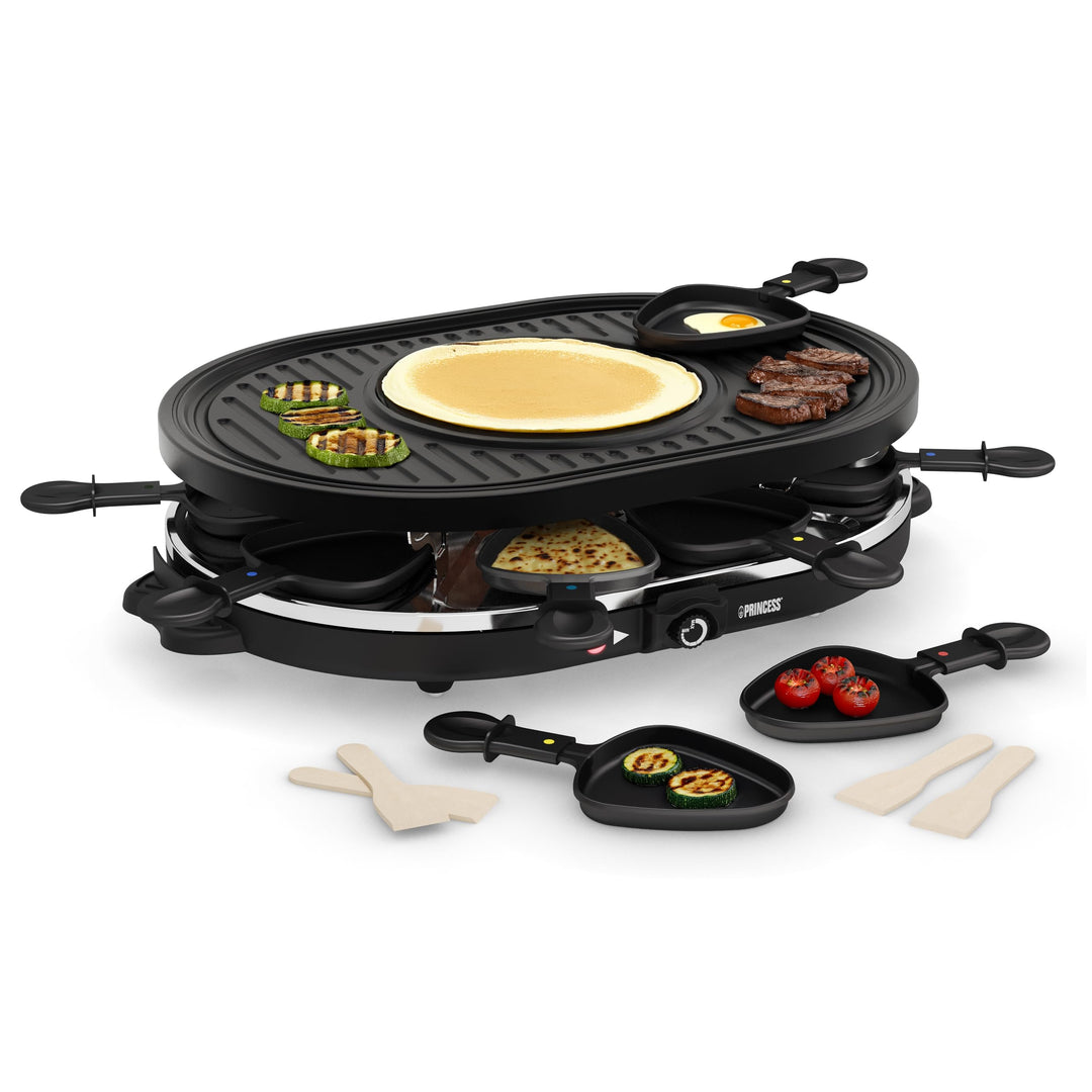 Princess Raclette Grill - Oval, 8 Pfannen, Multifunktionale Platte mit Crépes Bereich, 1200 Watt, 42