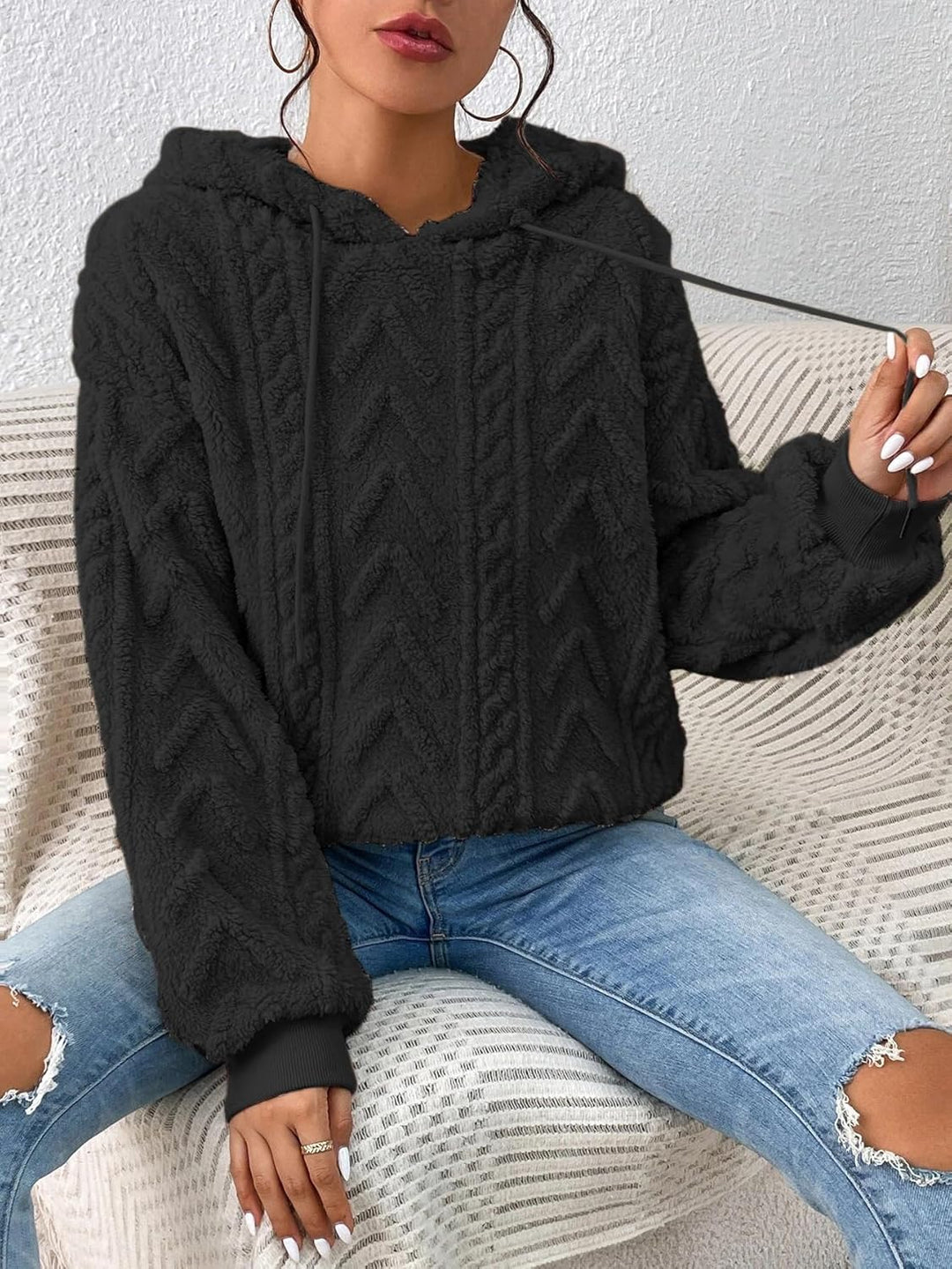 Zetieny Hoodie Damen Kapuzenpullover Teddy Fleece Double Fuzzy Fluffy Jacquard Pullover Lässiges War
