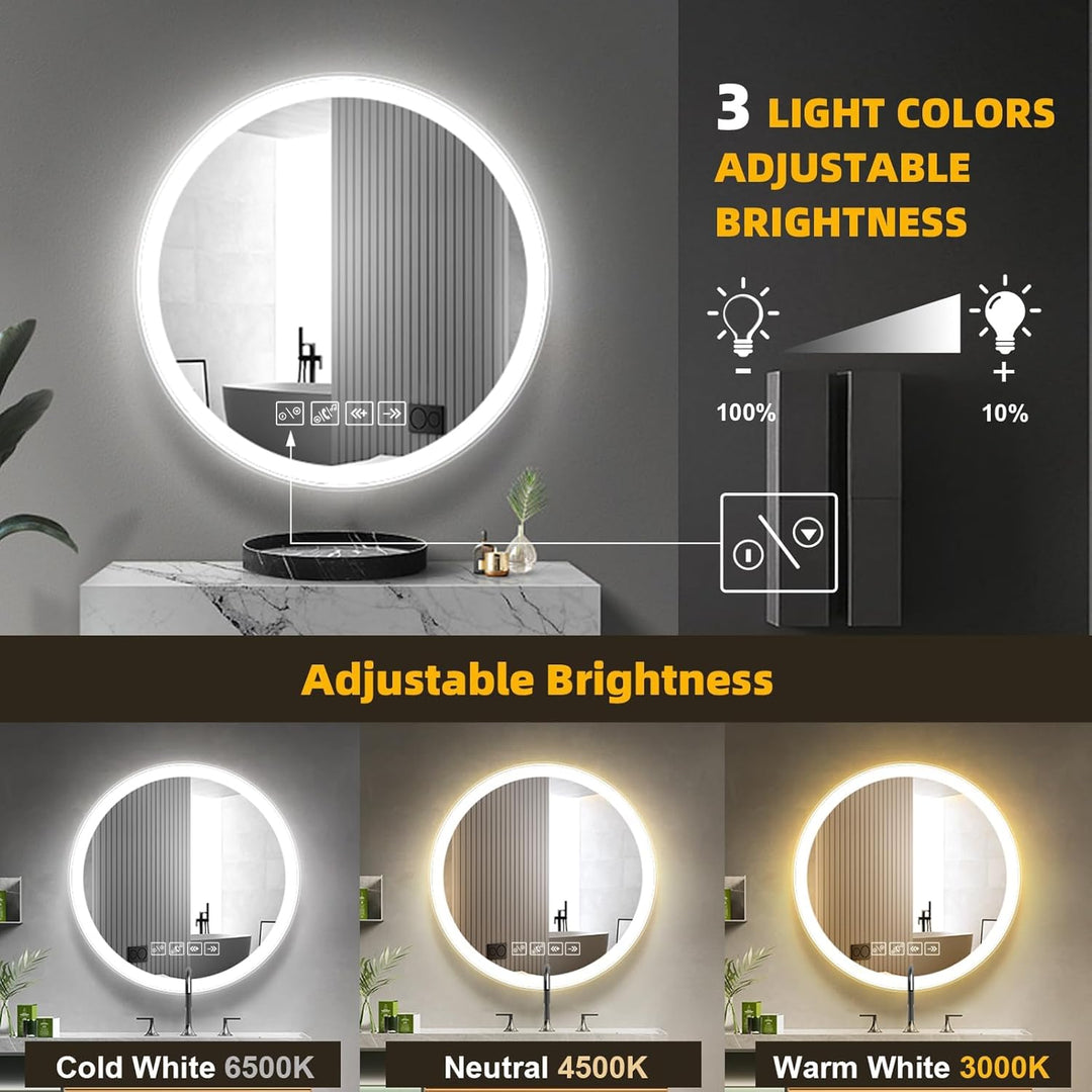 Viugreum 60cm Runder Badspiegel mit Beleuchtung, LED mit Bluetooth-Lautsprecher, Dimmbar 3 Lichtfarb