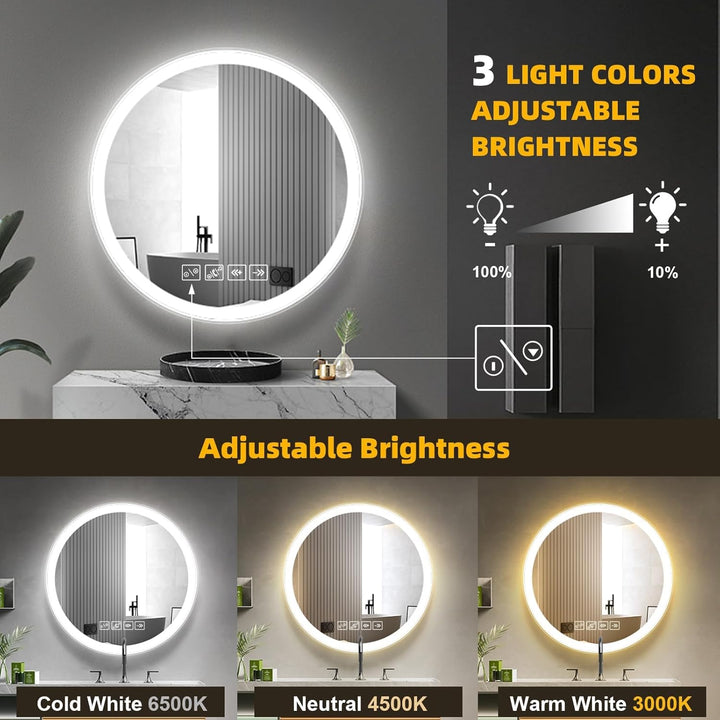 Viugreum 60cm Runder Badspiegel mit Beleuchtung, LED mit Bluetooth-Lautsprecher, Dimmbar 3 Lichtfarb