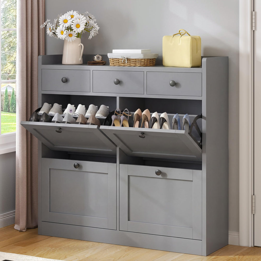 YITAHOME Schuhschrank mit 4 Klappen, Schuhregal Schuhkipper Schmal, Schuhregal mit 8 Ablageflächen V