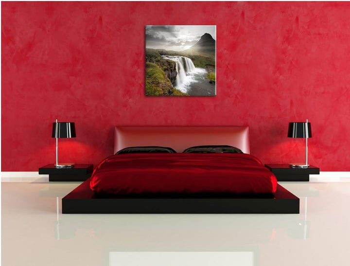 Pixxprint Wasserfall bei Sonnenuntergang als Leinwandbild Quadratisch/Grösse: 70x70 / Wandbild/Kunst