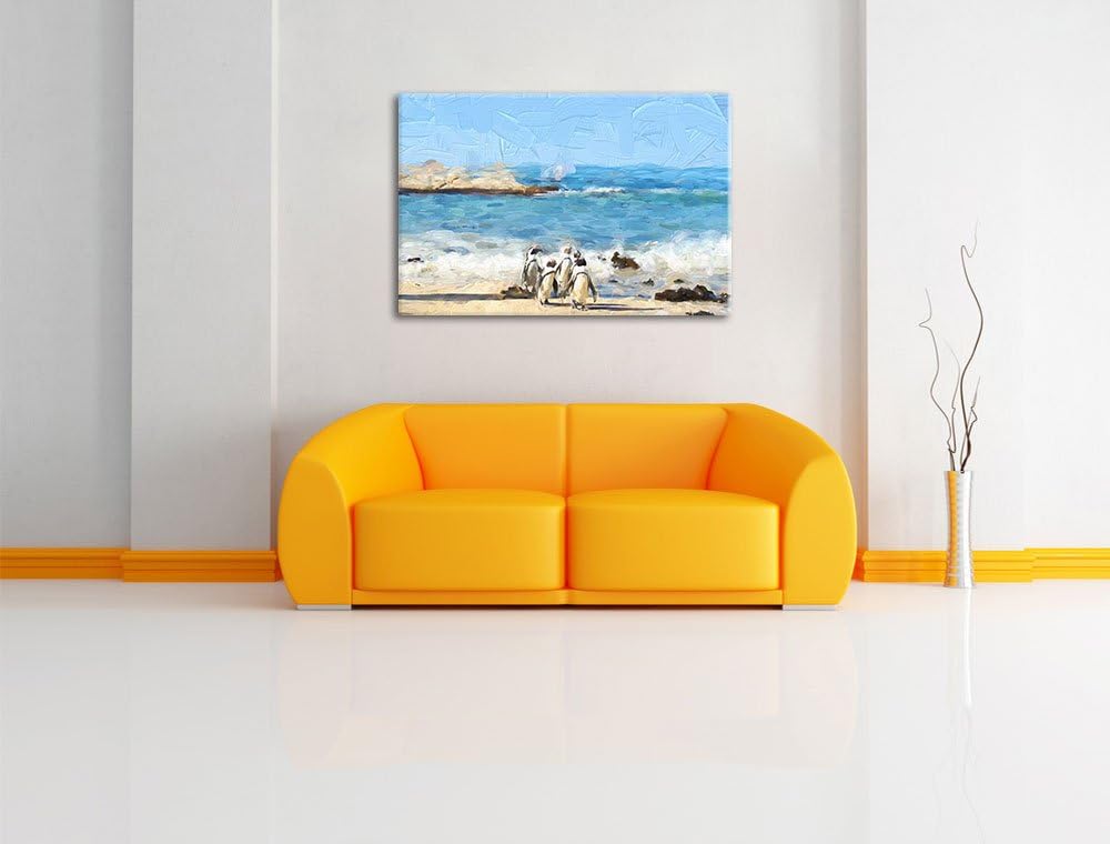 Pinguine am Strand als Leinwandbild/Grösse: 100x70 cm/Wandbild/Kunstdruck/fertig bespannt, 100x70