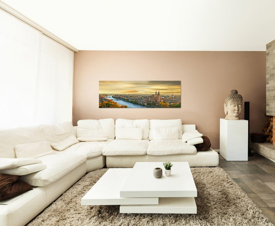 Paul Sinus Art Panoramabild auf Leinwand und Keilrahmen 150x50cm Italien Verona Stadt Fluss Abendlic