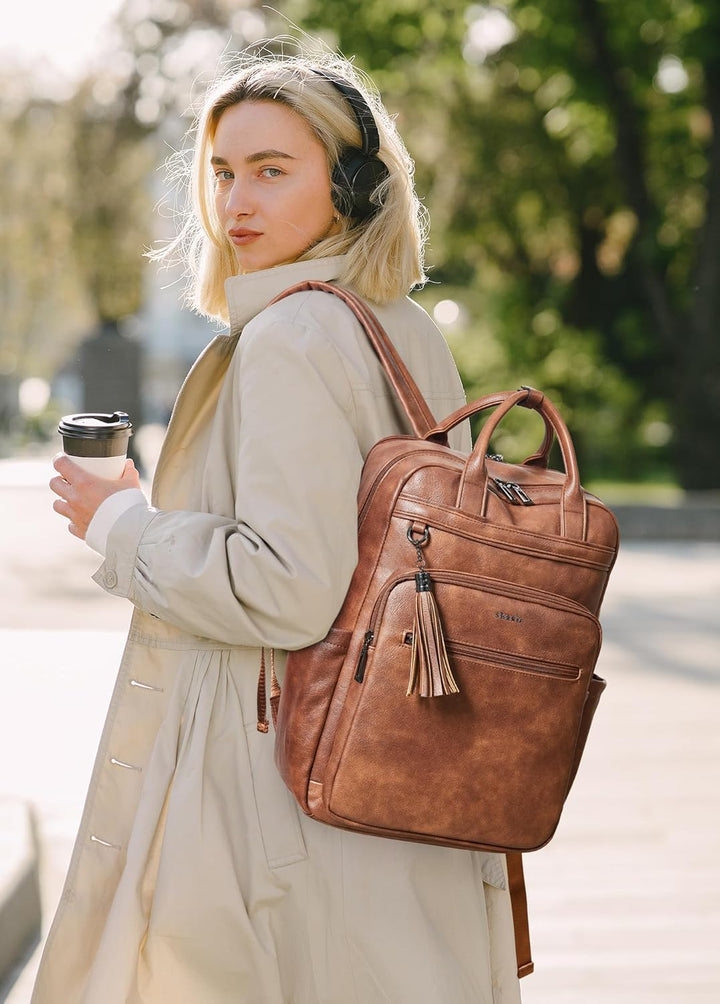 Shrrie Rucksack Damen, 15,6 Zoll Laptop Rucksack Leder Wasserdicht mit laptopfach, Computer-Rucksack