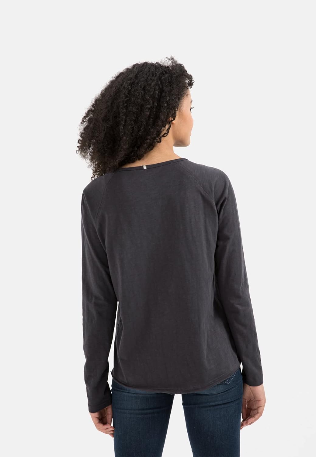 camel active Damen Basic Langarm T-Shirt mit Rundhalsausschnitt aus Reiner Baumwolle, Dunkelgrau