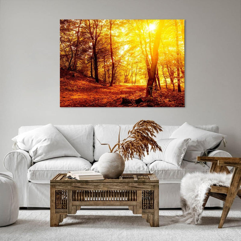 Bilder auf Leinwand 100x70cm Leinwandbild mit Rahmen Wald Baum Natur Gross Wanddeko Bild Schlafzimme