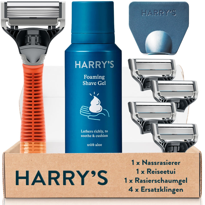 Harry’s Nassrasierer für Männer – Rasier-Set mit orangefarbenem Griff, 4 Ersatz-Rasierklingen, Reise
