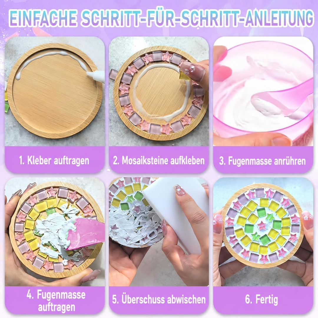 OGMBI 10 Stück DIY Mosaik Untersetzer Bastelset, Bunte Glasfliesen Coaster Set mit Holzuntersetzer,