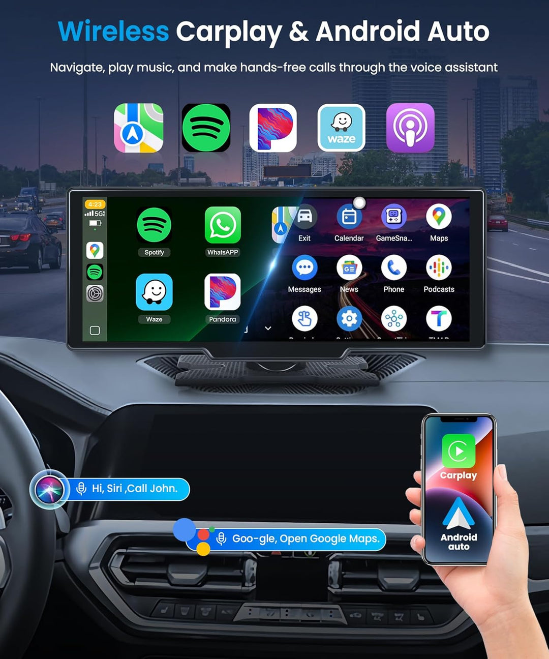 CarPlay & Android Auto Wireless, tragbares Podofo-Radio (10,26 Zoll) mit IPS-Touchscreen, unterstütz