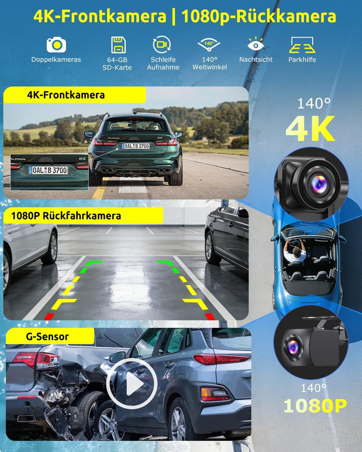 ESSGOO 10.26 Zoll Kabelloses CarPlay Display mit 4K Dashcam,1080P Rückfahrkamera &amp; 4 Reifendruckkont