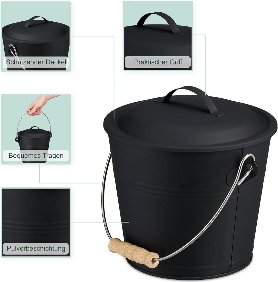 Relaxdays Ascheeimer mit Deckel und Kehrset, 4,5 L, inkl. Aschebesen & Kaminschaufel, Aschebehälter