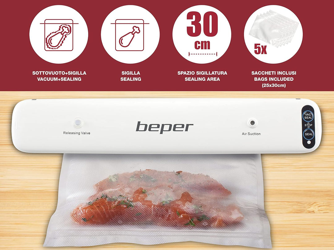 BEPER P102CON001 Vakuumiergerät, Vakuumiergerät mit 5 Vakuumbeuteln, ABS, doppelte Bedienung, Dichtu