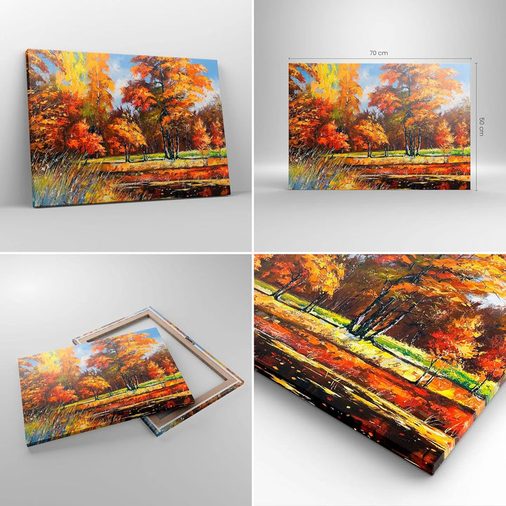 Bilder auf Leinwand Park Herbst Wasser Leinwandbild mit Rahmen 70x50cm Wandbilder Dekoration Wohnzim