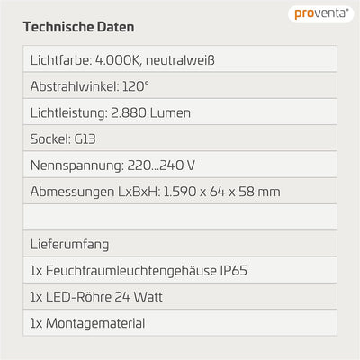 proventa® EasyBudget LED-Feuchtraumleuchte IP65 150cm 24W 1x Röhre neutralweiss 1 Stück | 1x Led-röh