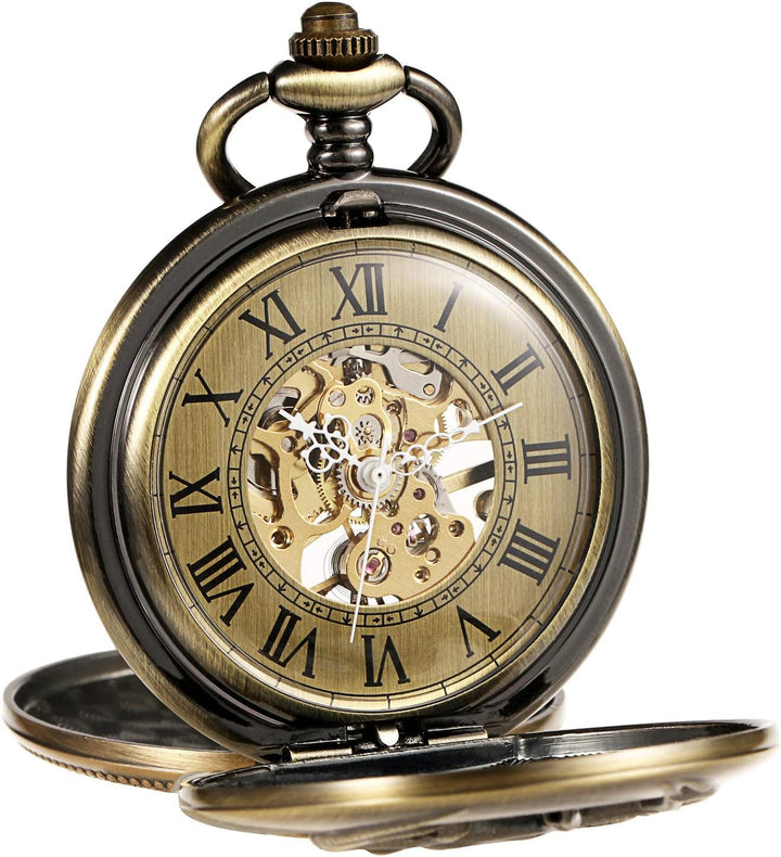 TREEWETO Unisex Taschenuhr Mechanisch Handaufzug Doppelter Abdeckung Rentier Hirsch Bronze Hohles Ge