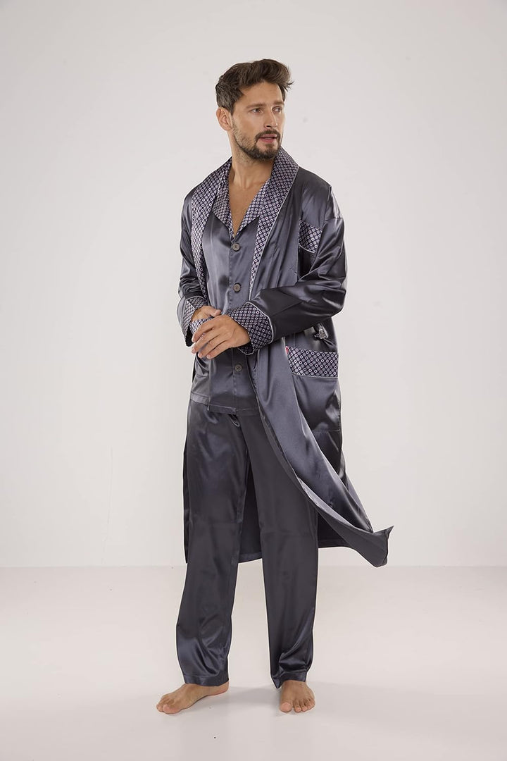 FOREX Lingerie edler und hochwertiger Satin-Bademantel Herren-Mantel im tollen Design XL Grau, XL Gr