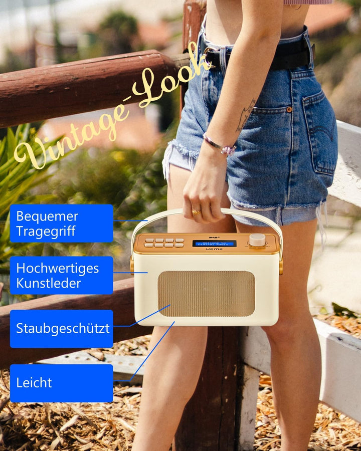 Tragbarer Retro Design DAB Plus/FM Radio, Bluetooth Lautsprecher DAB + Radio mit Wiederaufladbarer L