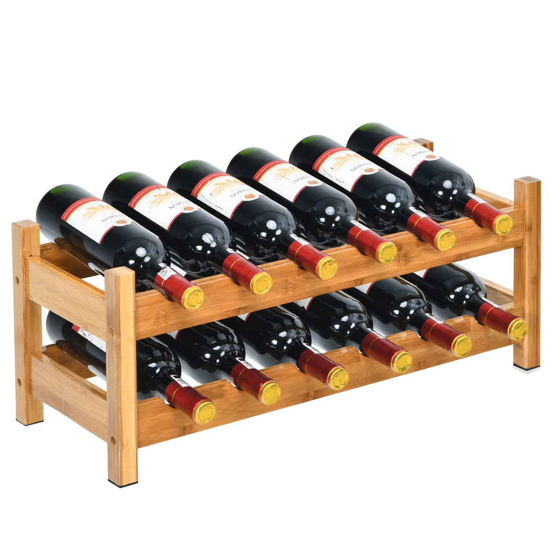 COSTWAY Weinregal für 12 Flaschen, Flaschenregal mit 2 Etagen, Flaschenhalter aus Bambus für Keller,