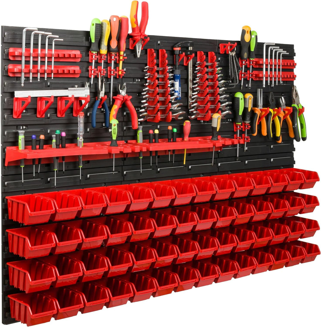 Lagersystem Werkstattregal | 117 x 78 cm | 56 stck. Box | Wandregal mit Werkzeughalterungen und Stap