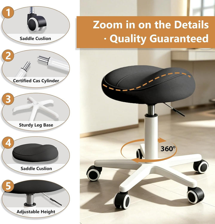 Bürohocker mit Polstersitz, ergonomisch, Rollhocker mit Rollen – für Friseure, Büro &amp; Zuhause Schwar