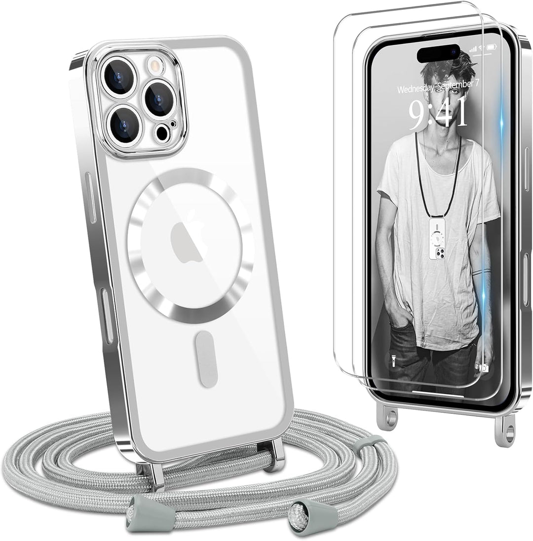 Ethanger Handykette für iPhone 16 Pro Max Hülle mit Band + 2 Stück Glas Schutzfolie Transparent Sili