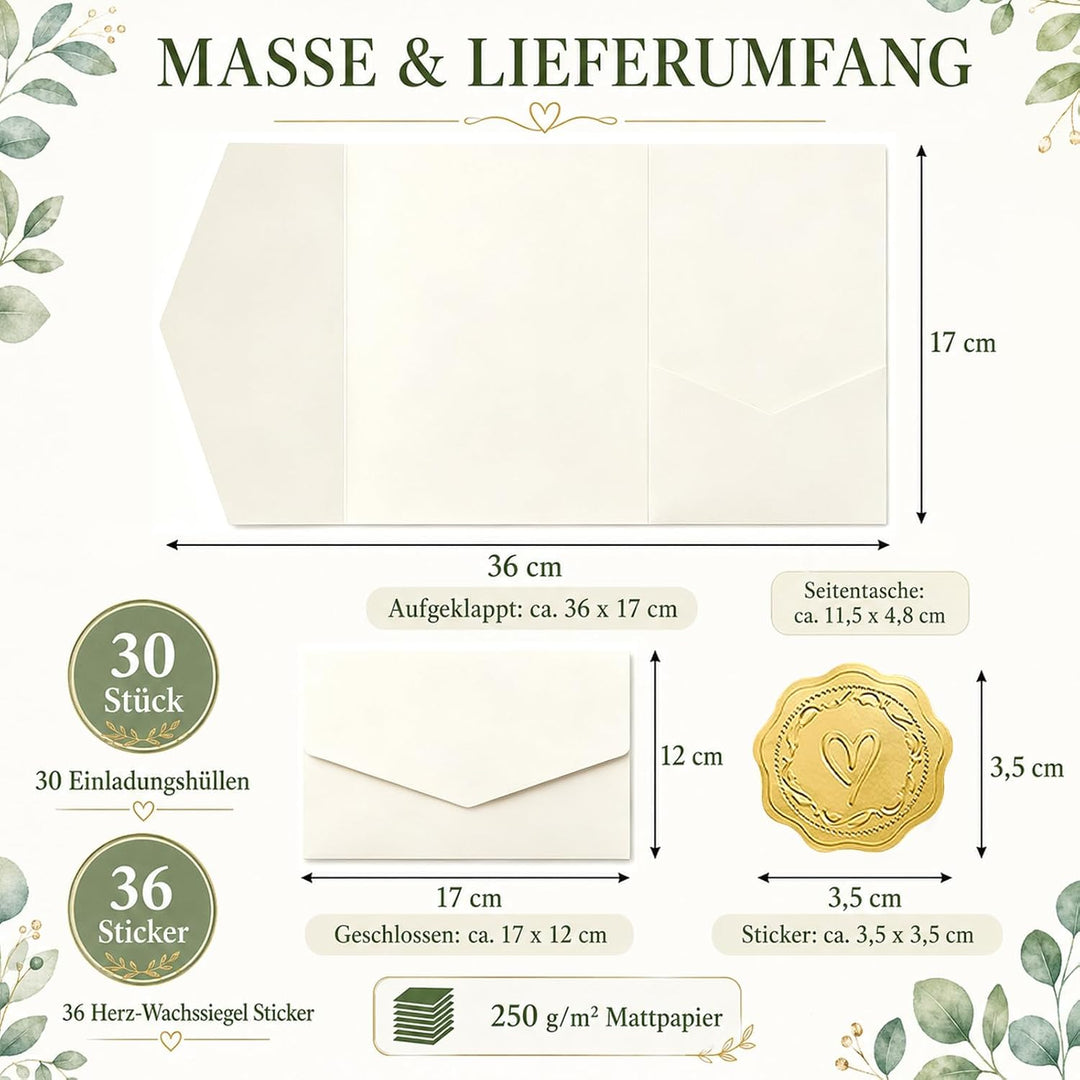 Pocketfold Einladungskarten Blanko Elfenbein, 30 Stück | Dreifachfalz-Design, 36 Goldfolien-Sticker