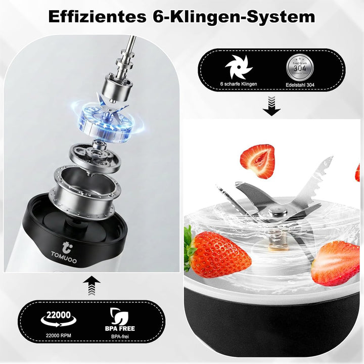 Tragbarer Mixer für Smoothies und Shakes, 520 ml BPA-freier Personal Mixer mit 6 Klingen und USB-C-L