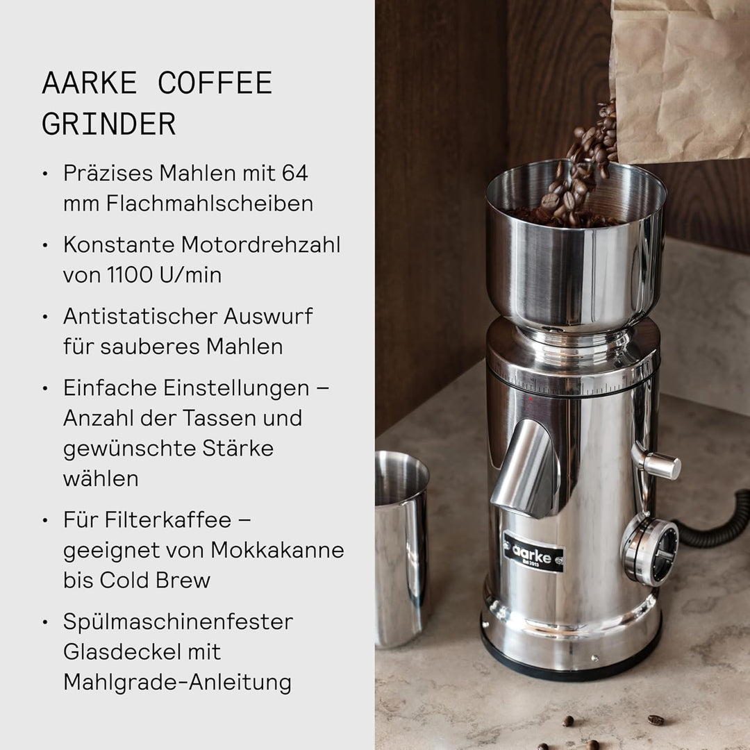 Aarke Kaffeemühle elektrisch – Edelstahl-Kaffeemühle mit einstellbarem Mahlgrad, 64-mm-Mahlscheiben,