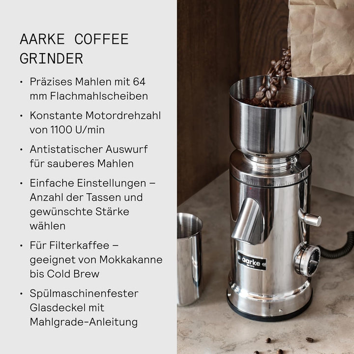 Aarke Kaffeemühle elektrisch – Edelstahl-Kaffeemühle mit einstellbarem Mahlgrad, 64-mm-Mahlscheiben,