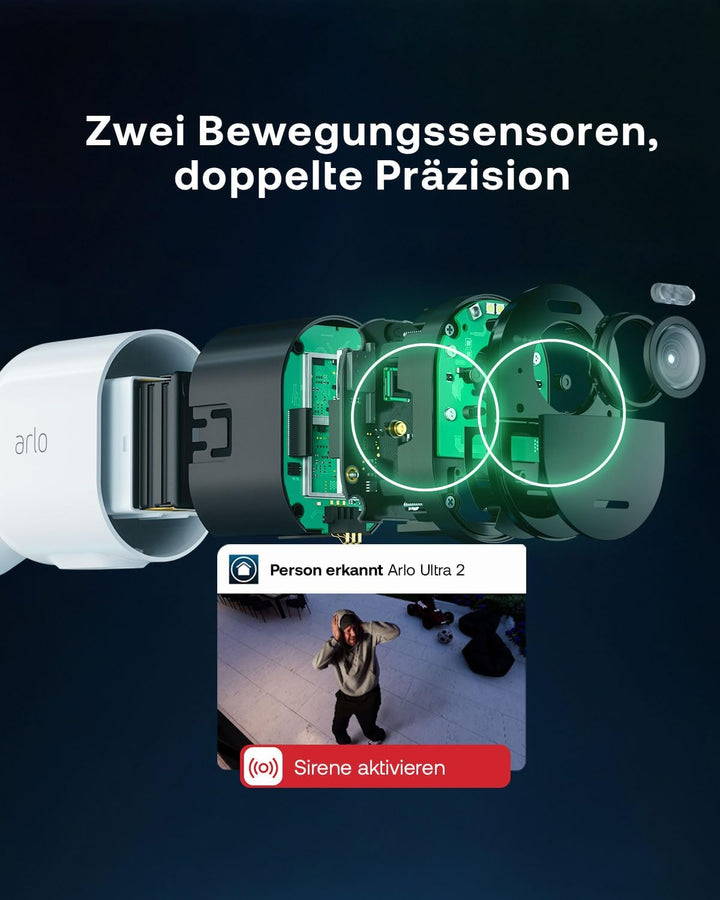 Arlo Ultra 2 Überwachungskamera Aussen WLAN, Kabellos, 4K UHD Qualitätsprodukt, 180° Sichtfeld, Spot