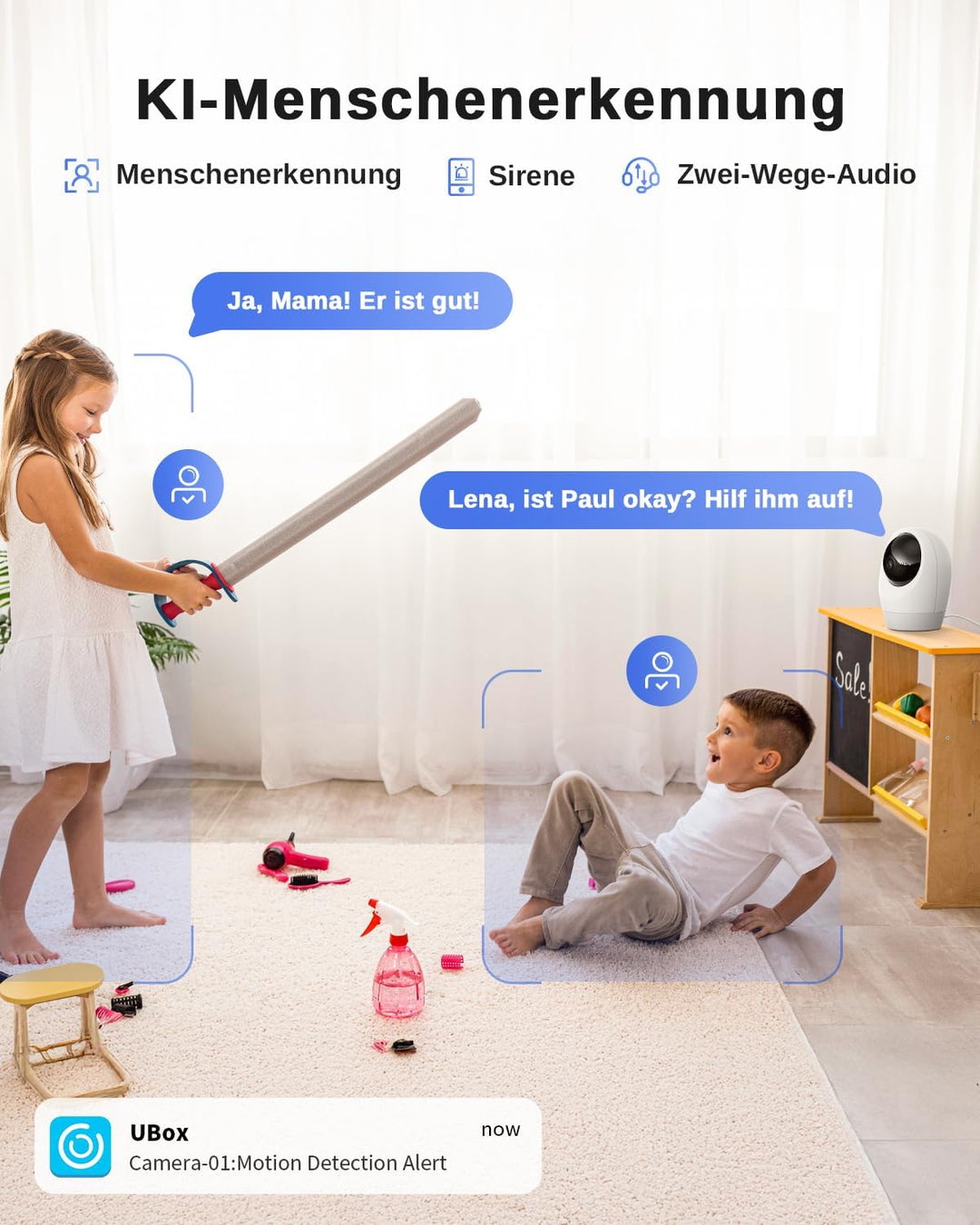 24/7 Aufzeichnung 4G LTE Überwachungskamera Innen mit SIM Karte, 2K Kamera ohne WLAN, 355°/90° Schwe