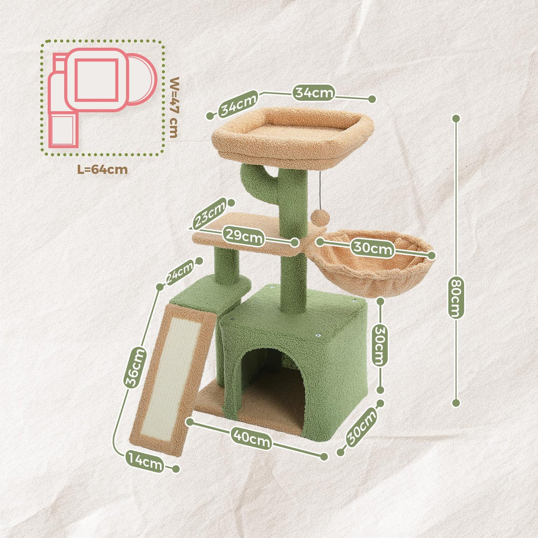 PAWZ Road Kratzbaum Kaktus klein mit Kratzmatte, Hängematte, Eigentumswohnung und Korb, Kleiner Katz