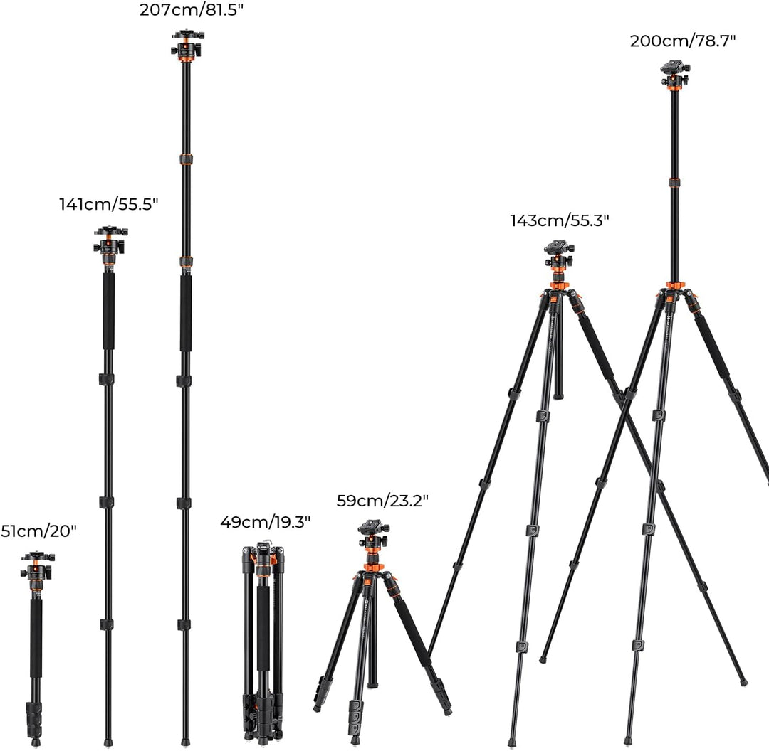 K&amp;F Concept 200CM/78inch Stativ, Kamera Stativ mit 90° Mittelsäulen Einbeinstativ-Funktion, 360° Kug