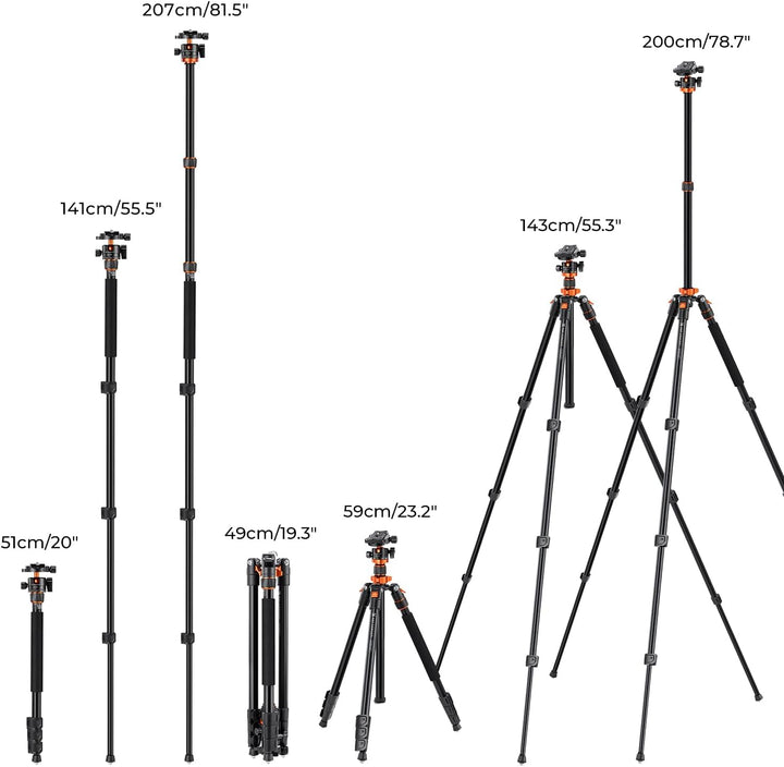 K&amp;F Concept 200CM/78inch Stativ, Kamera Stativ mit 90° Mittelsäulen Einbeinstativ-Funktion, 360° Kug