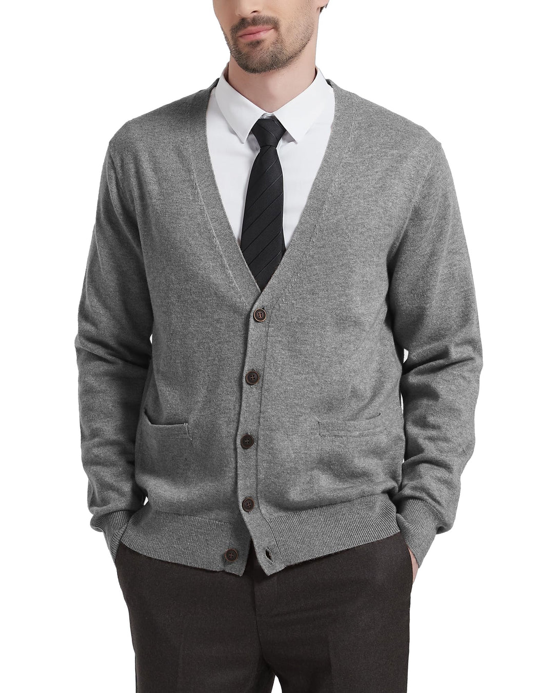 Kallspin Herren Strickjacke aus Wollmischung V-Ausschnitt Cardigan mit Knopfverschluss und Taschen H