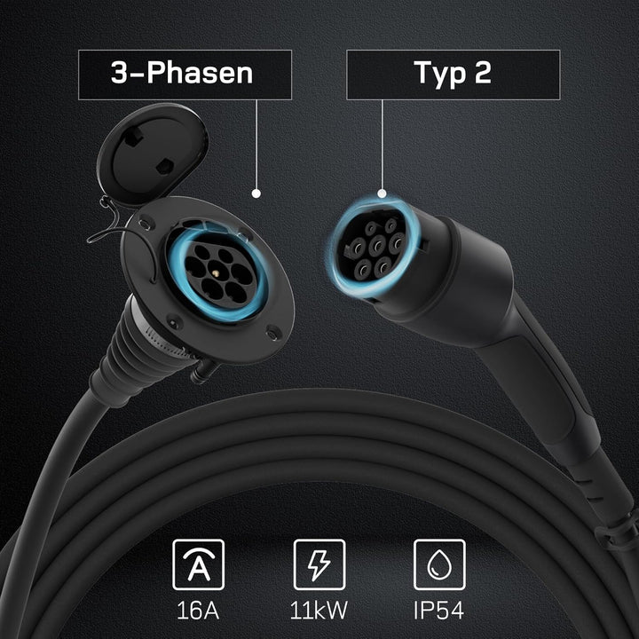 dé Typ 2 Verlängerungskabel [10m, 11kW, 16A] 3-Phasen Ladekabel 400V, Schutzart IP54, kompatibel mit