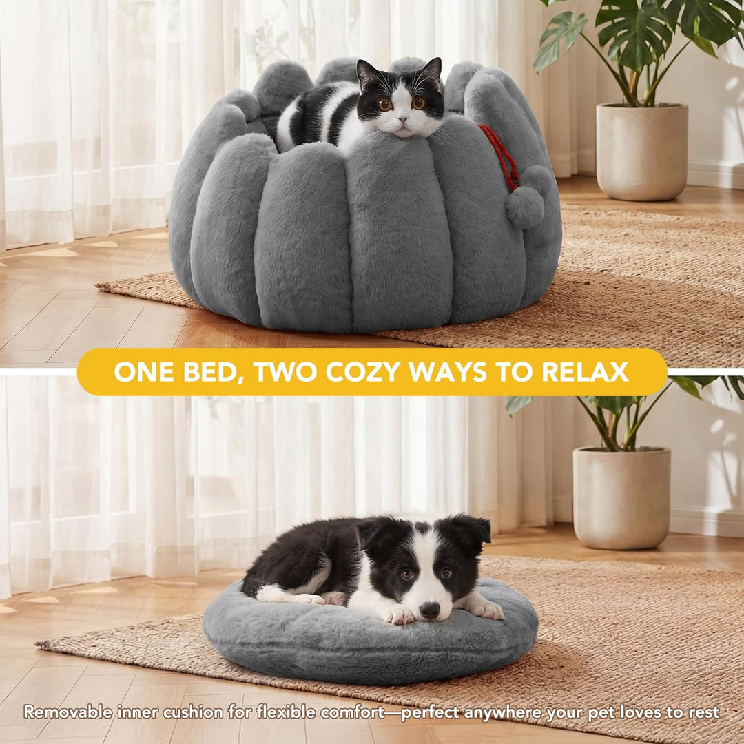 PETNOVO Katzenbett Rund 50 x 50 x 30 cm, Flauschiges Donut Katzenbett aus Kaninchenfell-Optik Plüsch