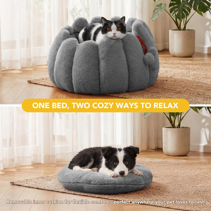 PETNOVO Katzenbett Rund 50 x 50 x 30 cm, Flauschiges Donut Katzenbett aus Kaninchenfell-Optik Plüsch