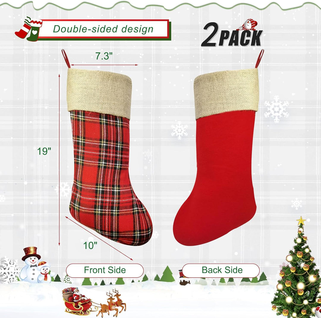 2 Stück Weihnachtsstrumpf, Plaid Nikolausstrumpf 48cm gross mit Jute Cuff zum befüllen, Dekoration f