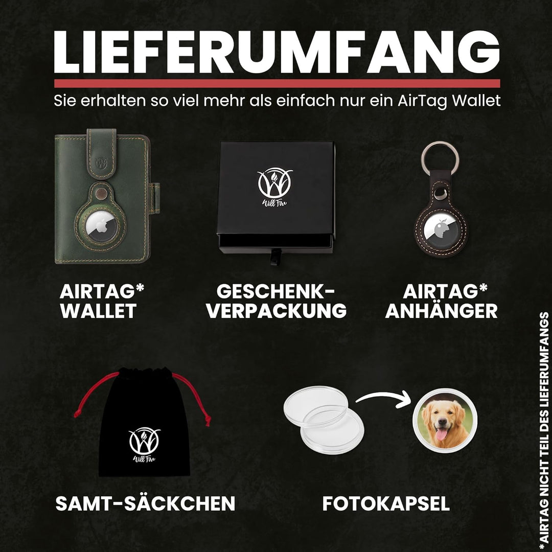 Will Fire® AirTag Wallet | Inkl. Airtag Anhänger | Echtleder Geldbörse mit Münz- &amp; Scheinfach | Extr