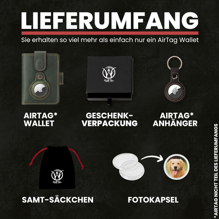 Will Fire® AirTag Wallet | Inkl. Airtag Anhänger | Echtleder Geldbörse mit Münz- &amp; Scheinfach | Extr