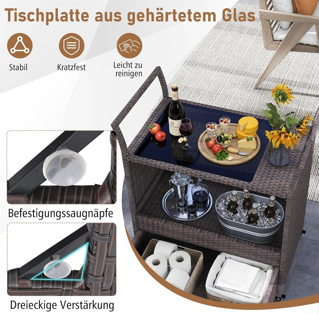 COSTWAY Grillwagen Outdoor, Rattan Servierwagen mit gehärteter Glasplatte, offenes Ablagefach & Schu