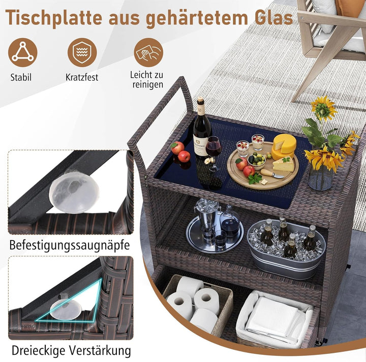 COSTWAY Grillwagen Outdoor, Rattan Servierwagen mit gehärteter Glasplatte, offenes Ablagefach & Schu